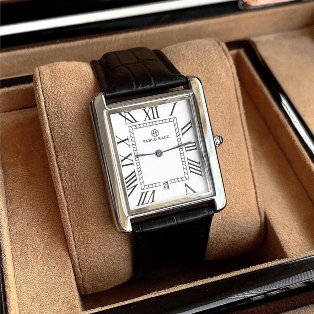 Pablo Raez Quartz Watch, Silver SUS304 Stainless Steel, Black Faux Leather Strap